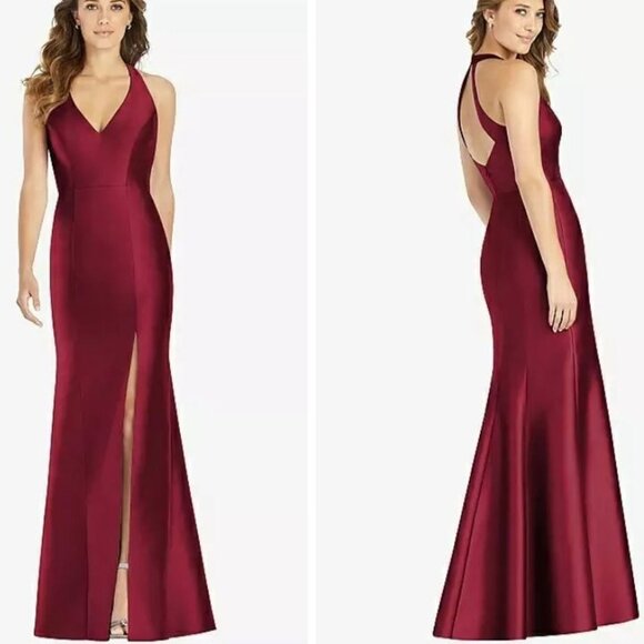 NEW Alfred Sung V-Neck Satin‎ Trumpet Gown with Side Slit, Burgundy #D761 - Picture 1 of 14
